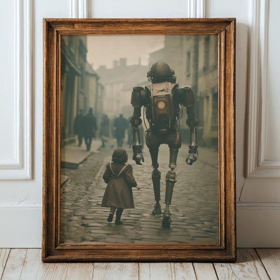Surreal Robot And Child Print Futuristic Steampunk Fantasy Artwork For Boys Room Or Sci Fi Lovers Whimsical Wall Decor