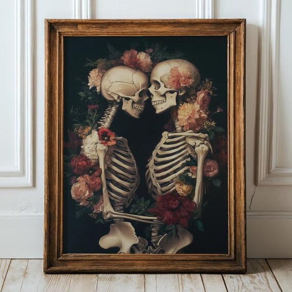 Floral Skeleton Embrace Print Gothic Love Wall Art Couple Vintage Romance Poster