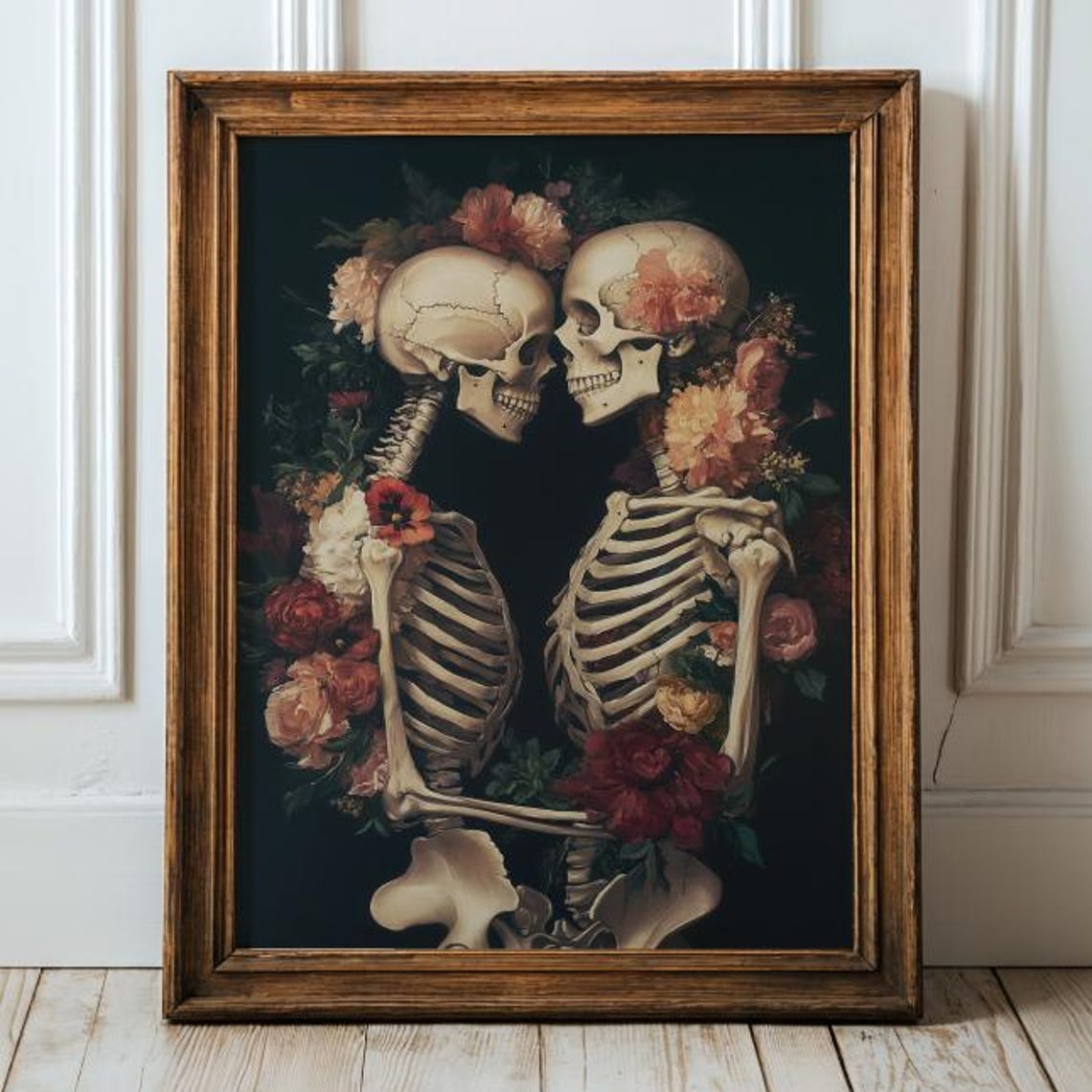 Floral Skeleton Embrace Print Gothic Love Wall Art Couple Vintage Romance Poster
