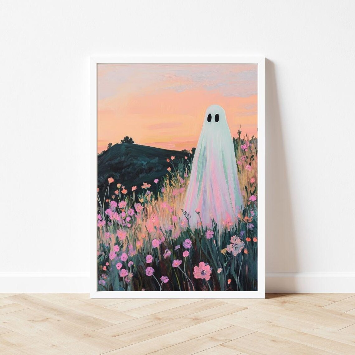 Ghost in a Pink Meadow, Spooky Cute Halloween Art Print - Image 3