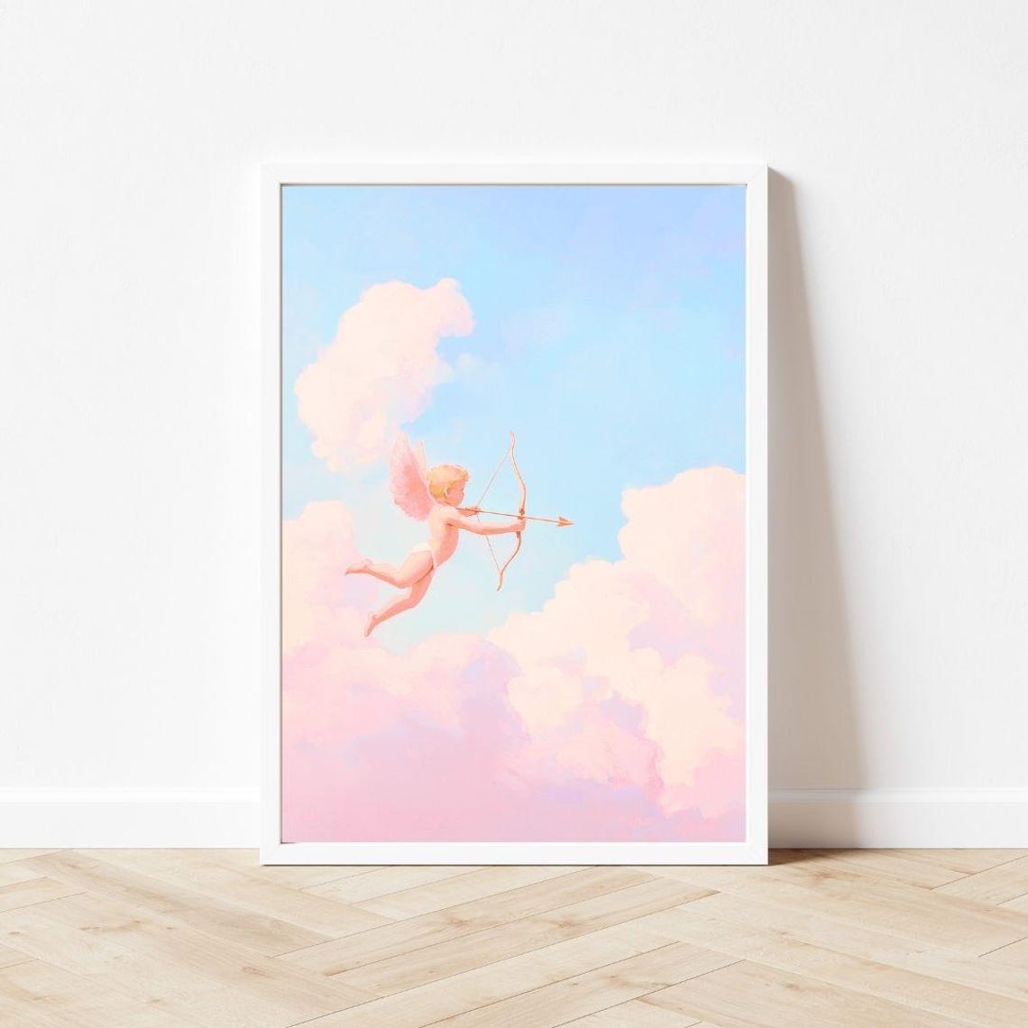 Cupid Cherub With Bow And Arrow In Pastel Pink Clouds Poster - Image 3