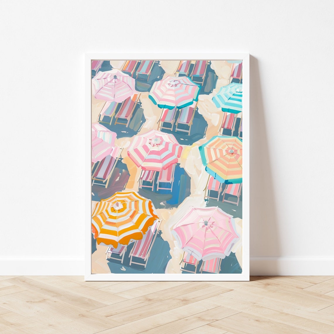 Striped Beach Umbrellas Aerial Pastel Coastal Summer Art Poster - Image 3