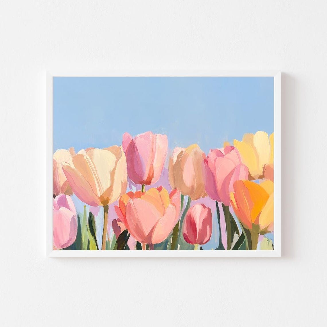 Pastel Tulip Field Under Bright Blue Sky Spring Garden Poster