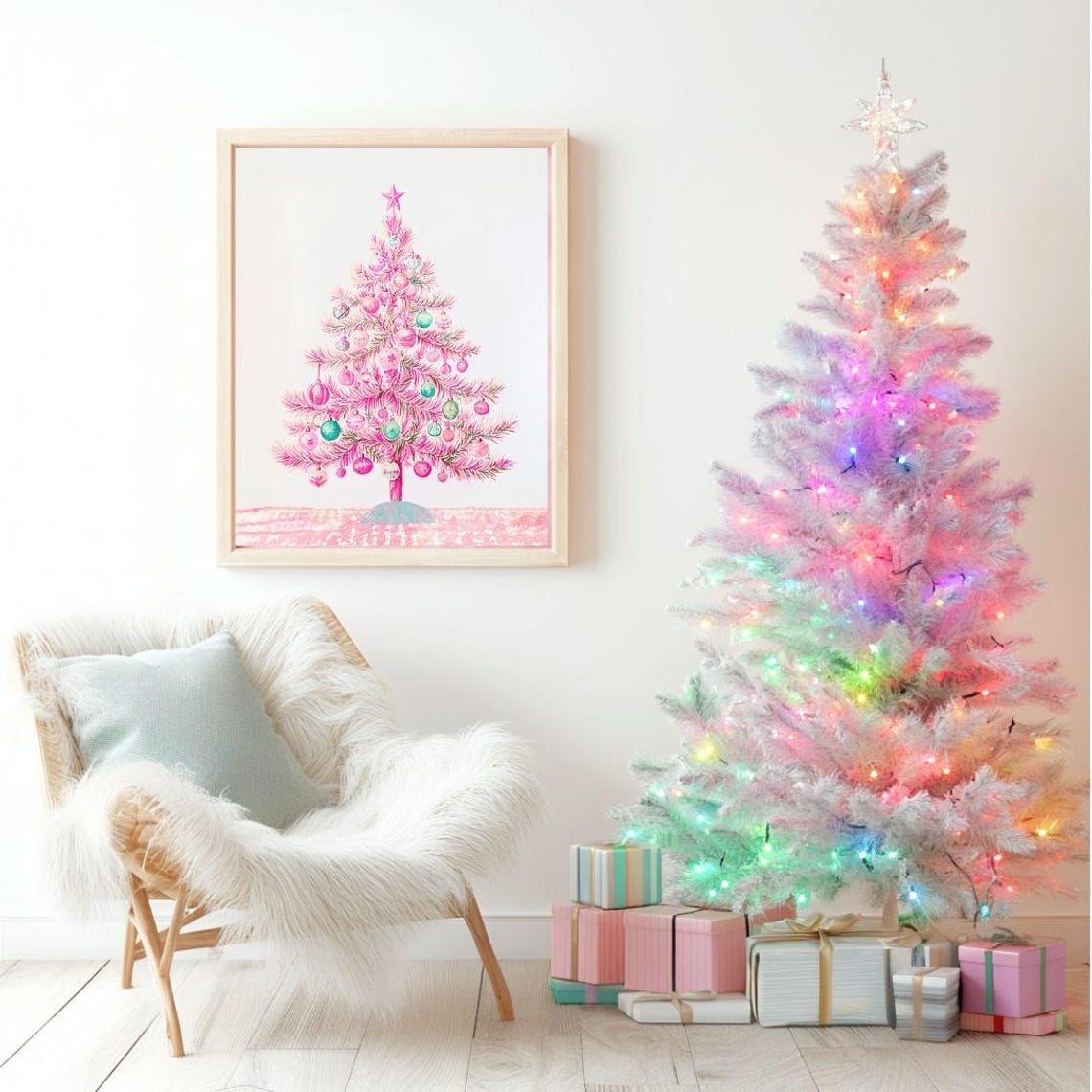 Pink Christmas Tree Pastel Ornaments Star Retro Holiday Poster - Image 2