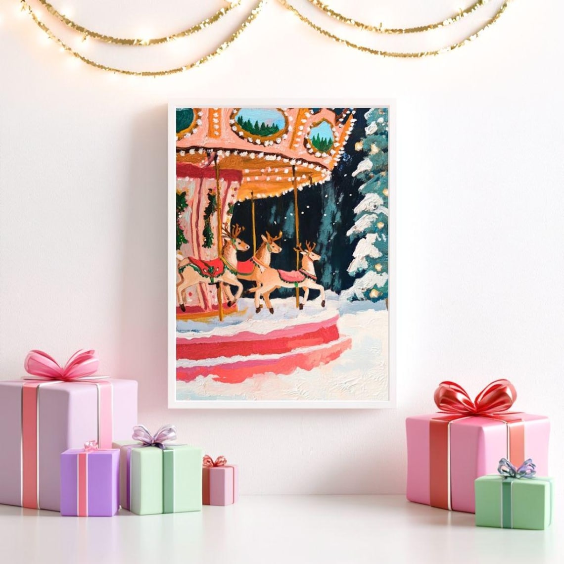 Vintage Christmas Carousel Reindeer Art Print - Image 2