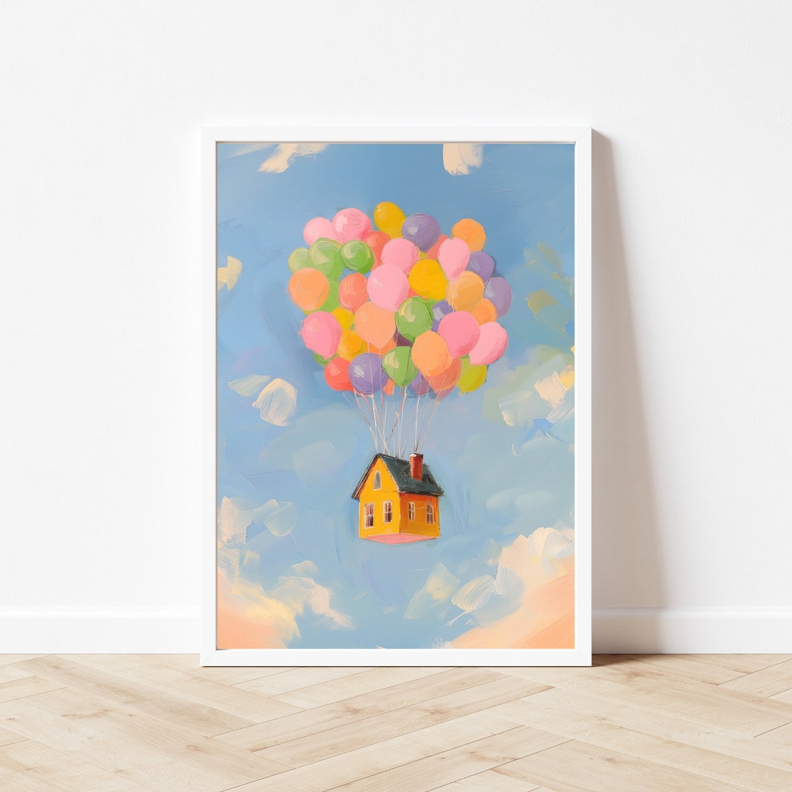 Yellow House Balloons Painting Up In The Clouds Art Print Whimsical Colorful Kids Room Playroom Nursery - Image 2