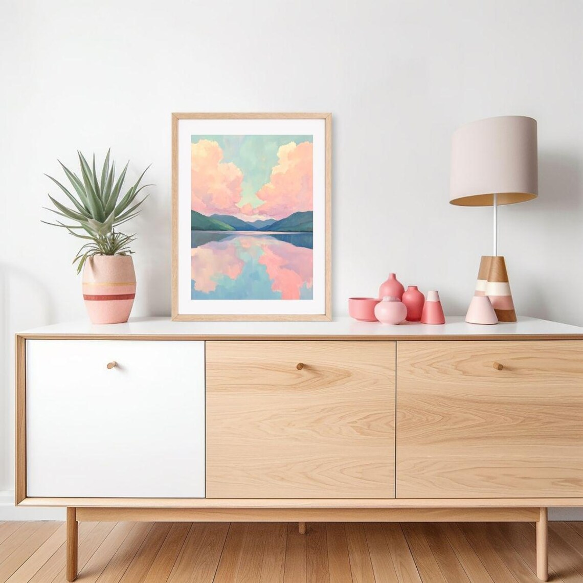 Mountain And Lake Sunset, Pastel Landscape Art Print - Image 2