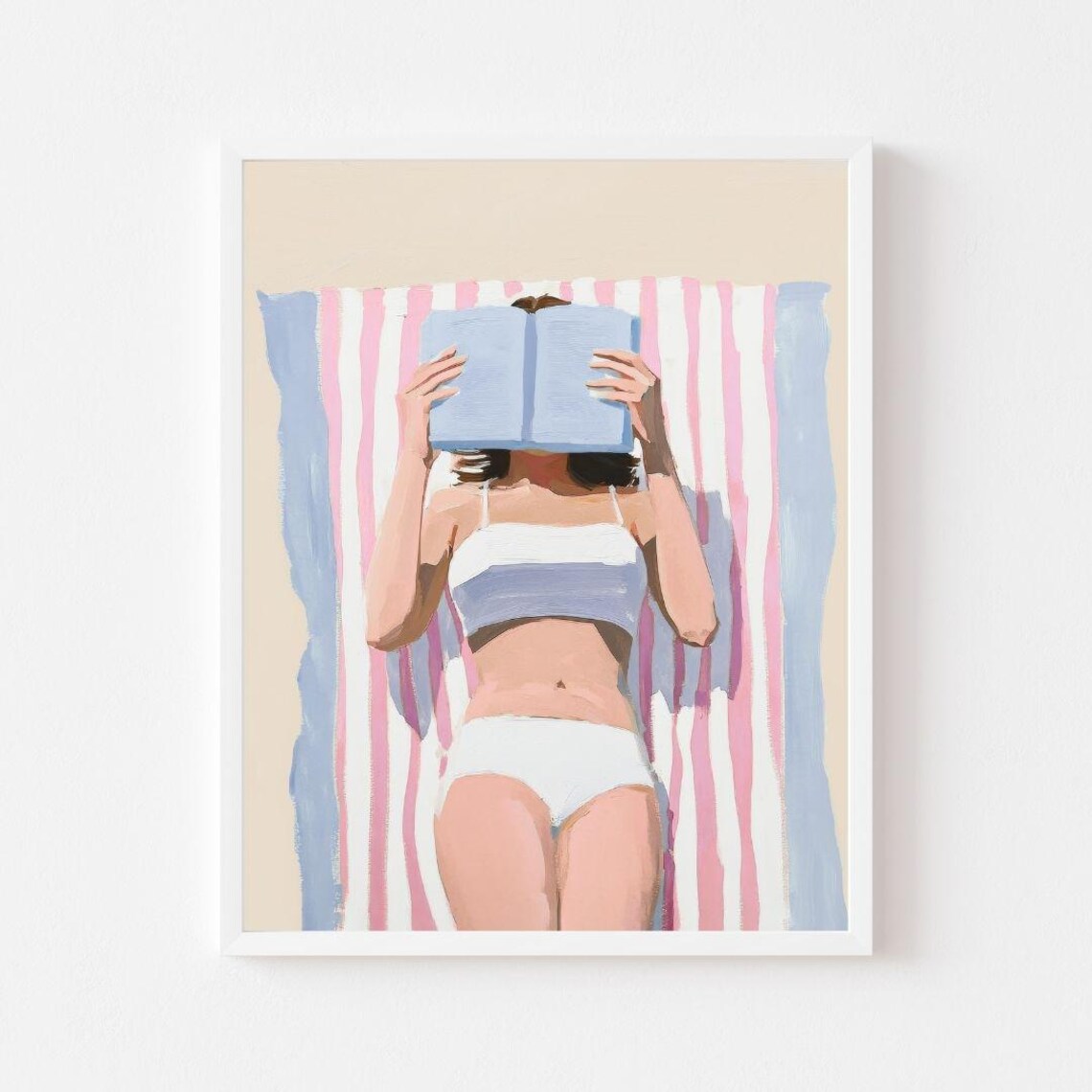 Woman Reading on a Beach Towel, Coastal Art Print