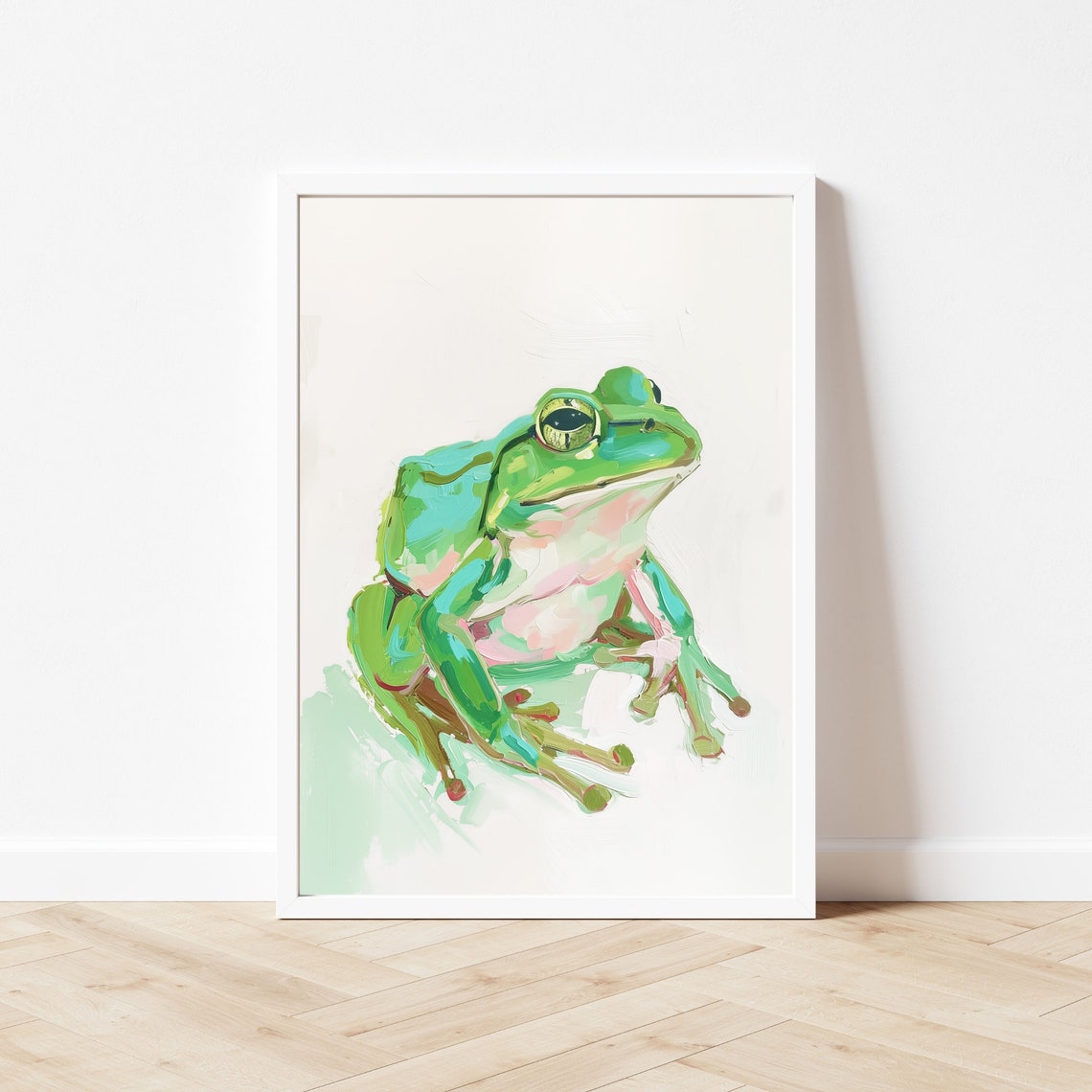 Cheerful Bright Green Frog Watercolor Nursery Animal Cozy Poster - Image 3