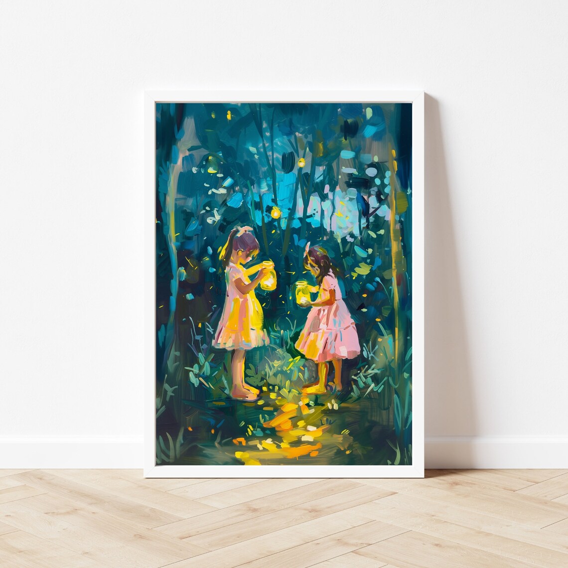 Sisters Catching Fireflies, Whimsical Summer Night Art Print - Image 3