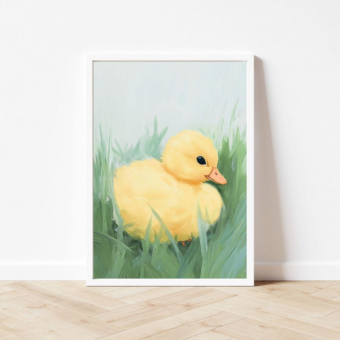 Yellow Duckling Resting in Green Grass Nursery Painting Poster - Image 3