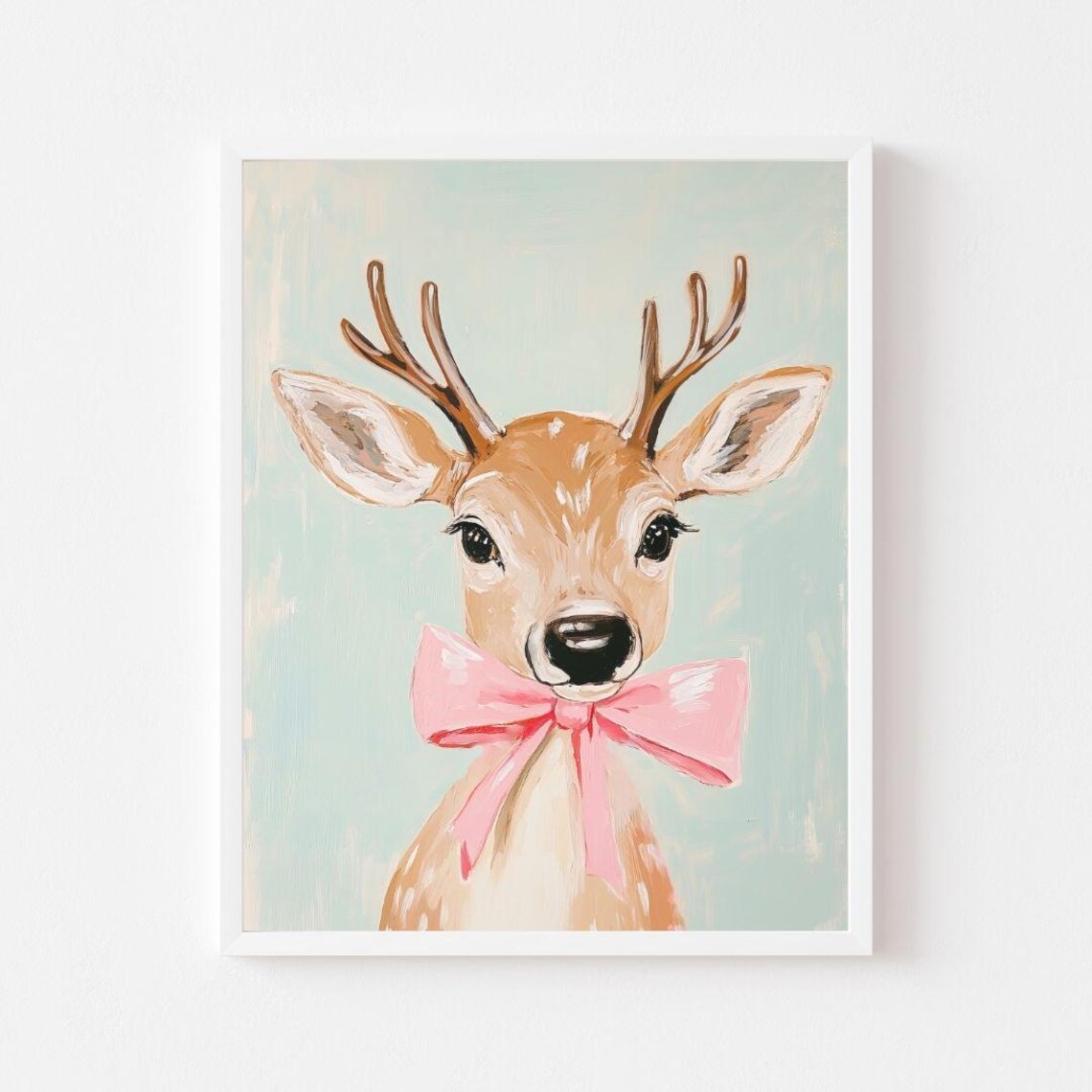 Girly Reindeer With Pink Bow, Pastel Christmas Art Print