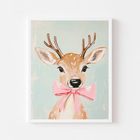 Girly Reindeer With Pink Bow, Pastel Christmas Art Print