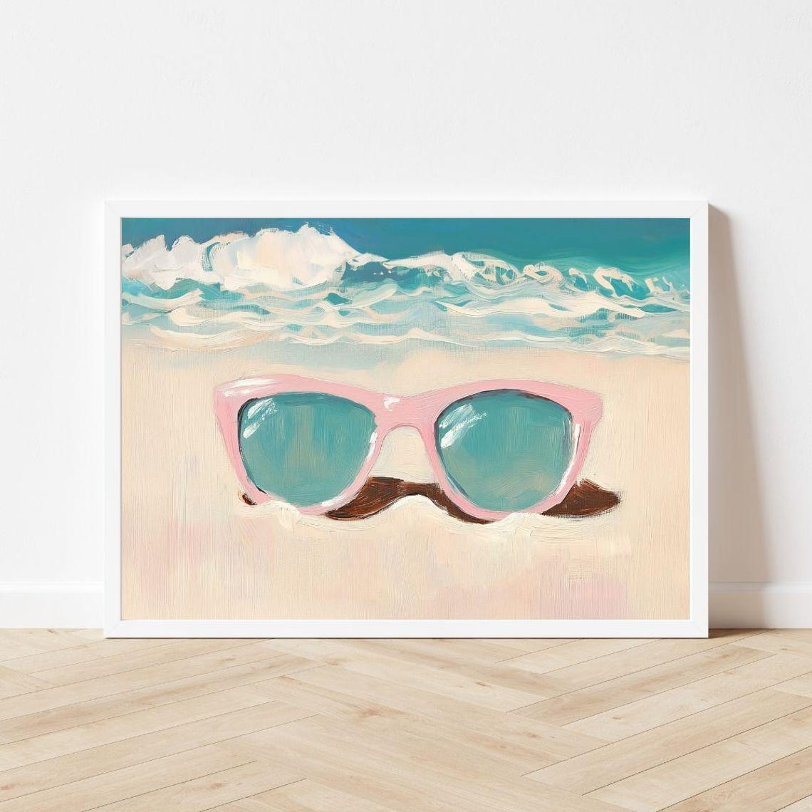 Pink Sunglasses Resting On A Sandy Beach Waves Painting Poster - Image 3