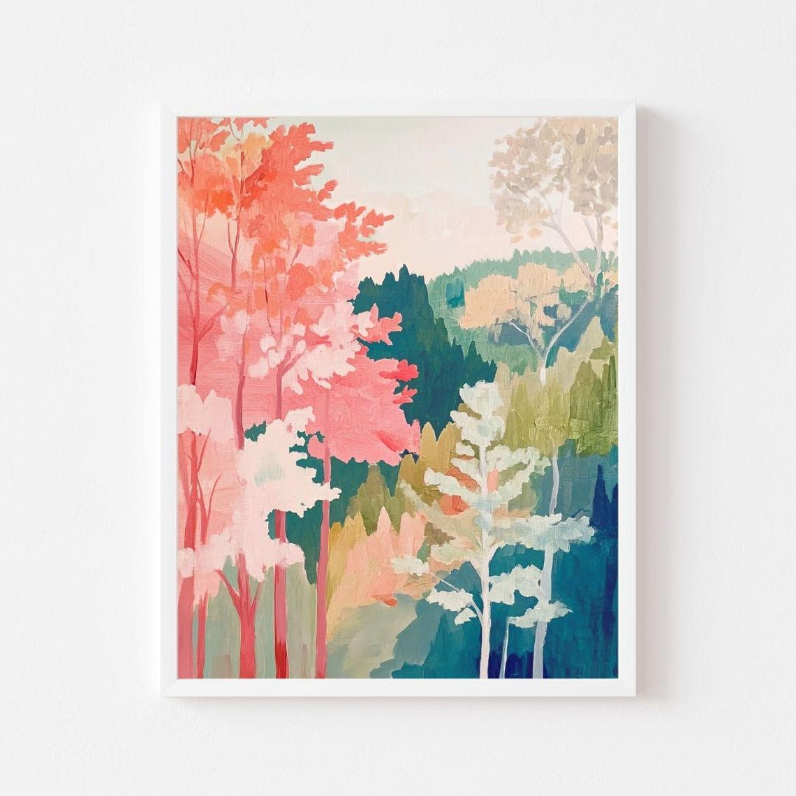 Coral Pink and Teal Abstract Autumn Forest Trees Landscape Poster