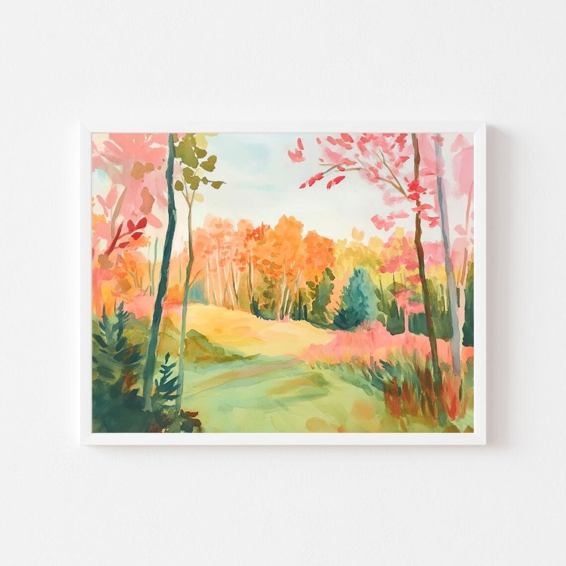 Autumn Watercolor Forest Trees Art Print, Fall Landscape