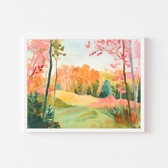 Autumn Watercolor Forest Trees Art Print, Fall Landscape