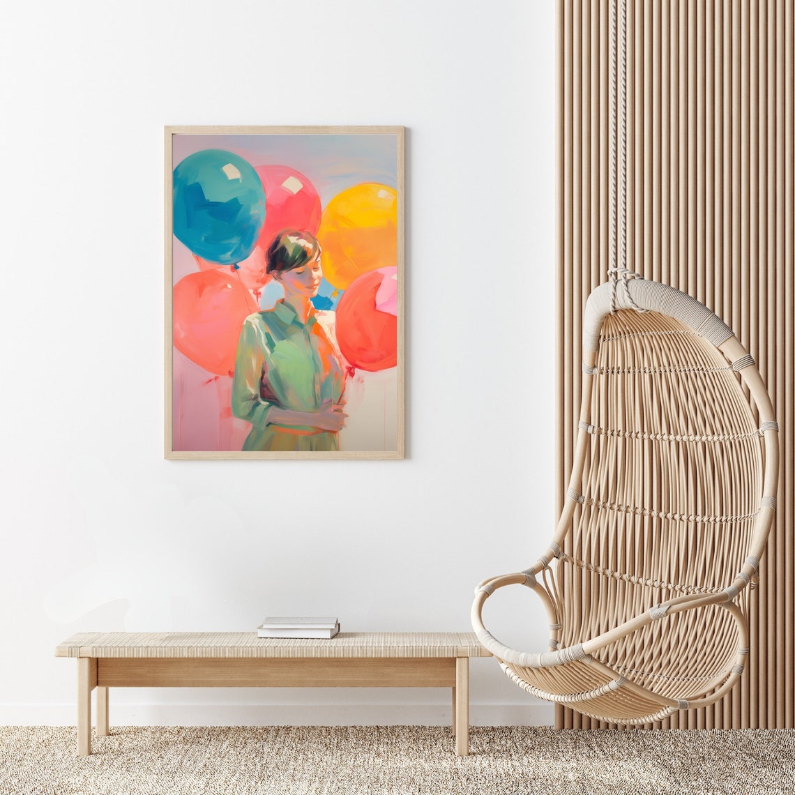 Woman Holding Colorful Balloons Whimsical Celebration Painting Poster - Image 3