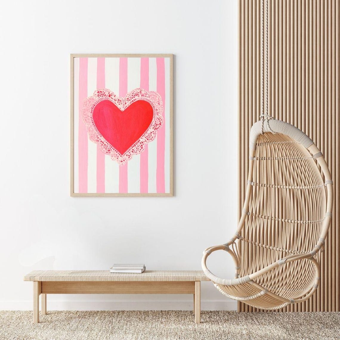 Red Heart On A Lace Doily With Pink Stripes Valentine Poster - Image 2