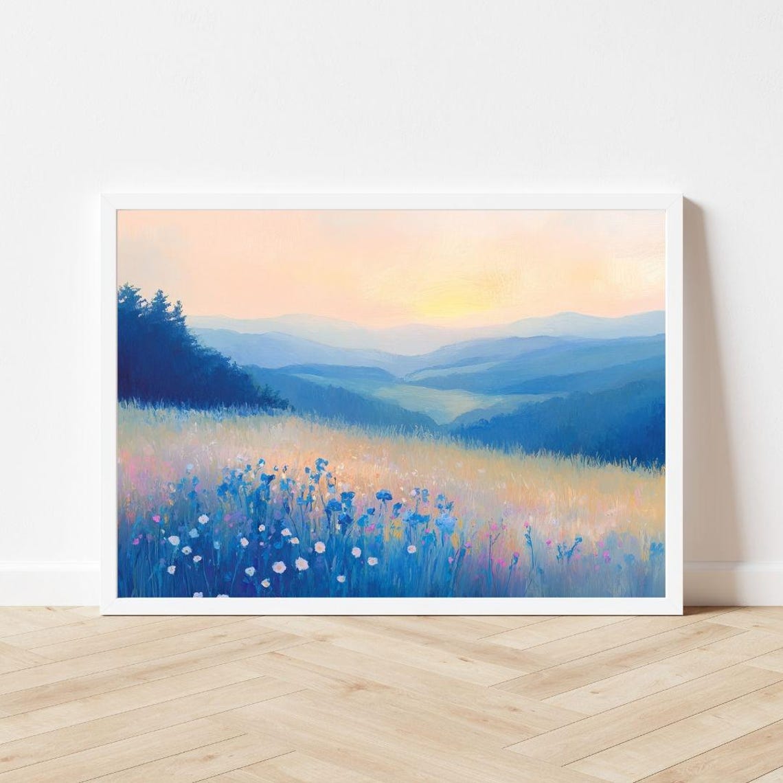 Blue Wildflower Meadow At Dusk With Layered Mountain Ridges Poster - Image 3