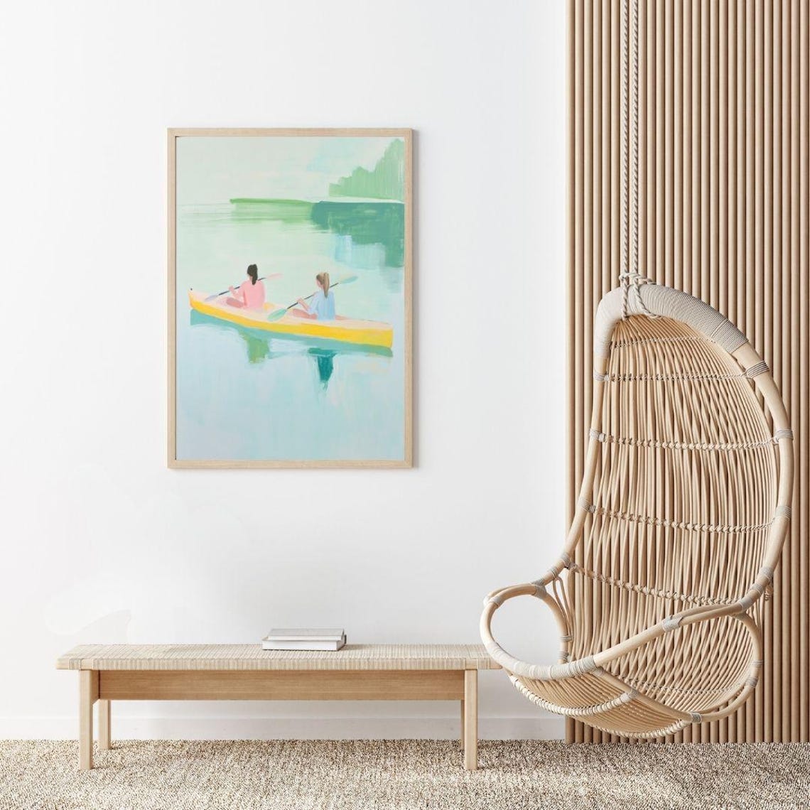 Two Girls In Yellow Kayak On Lake Pastel Summer Painting Wall Poster - Image 2