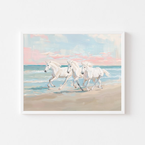 White Horses On The Beach, Coastal Animal Art Print