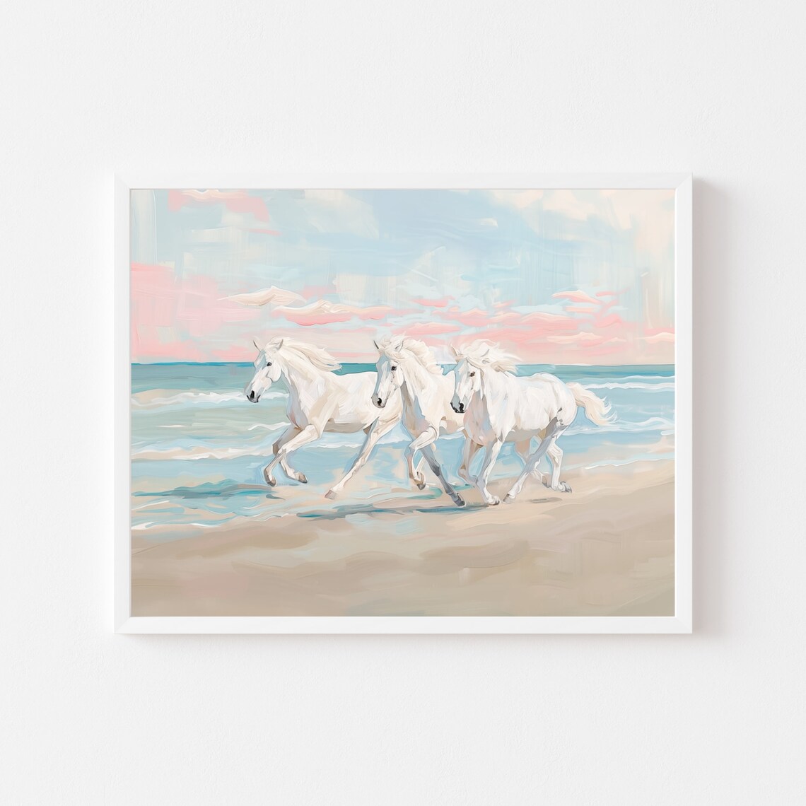 White Horses On The Beach, Coastal Animal Art Print