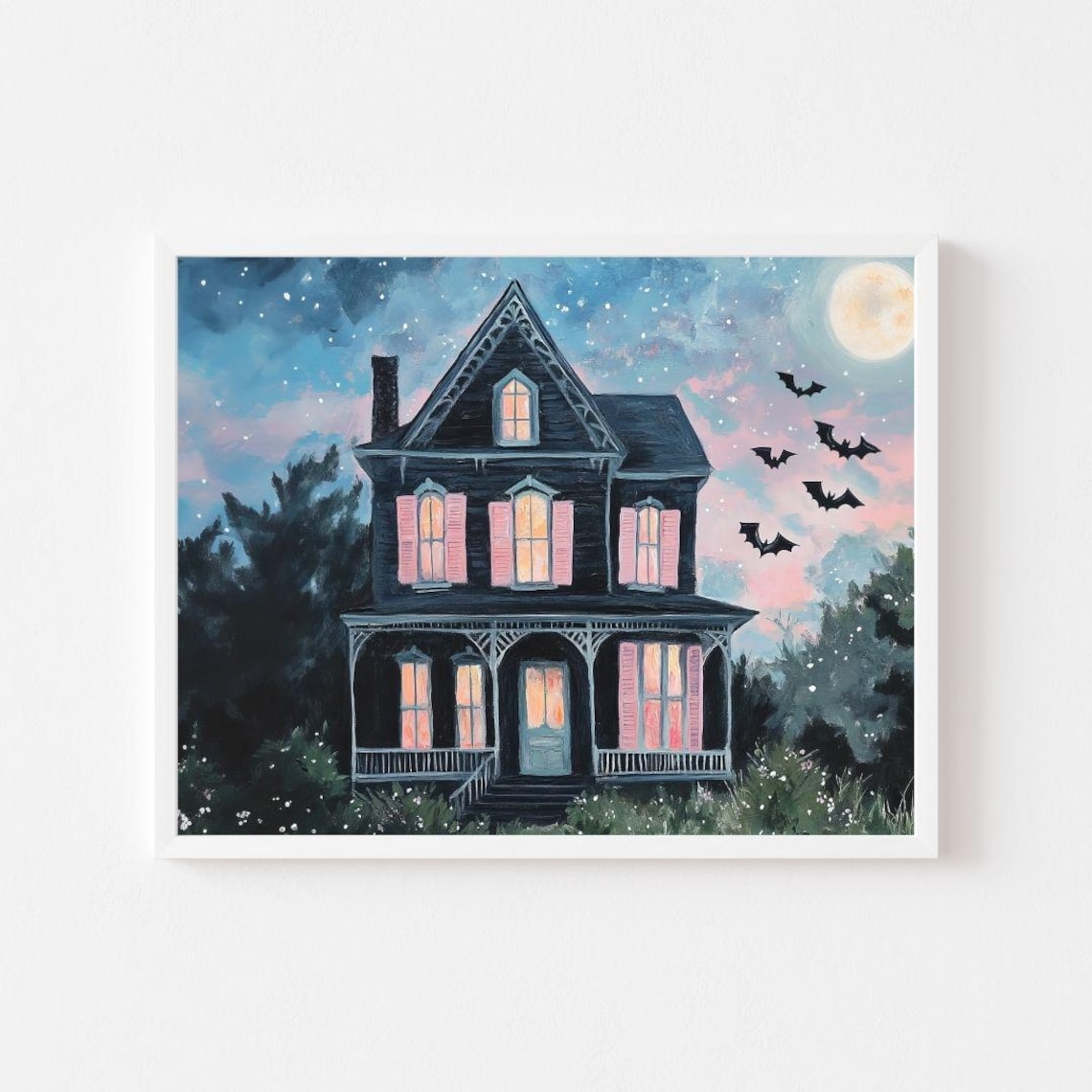 Black Haunted House and Bats, Pink Halloween Art Print
