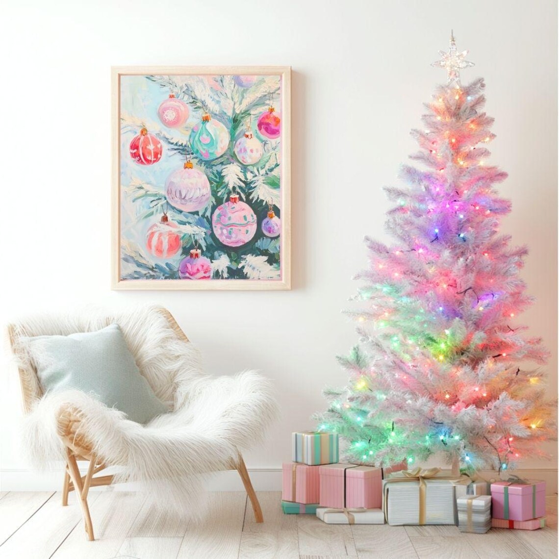 Vintage Christmas Ornaments Art Print, Pink Holiday Tree - Image 2