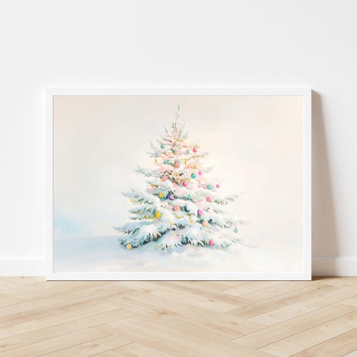 Snowy Christmas Tree With Pastel Ornaments in Winter Season Poster - Image 3