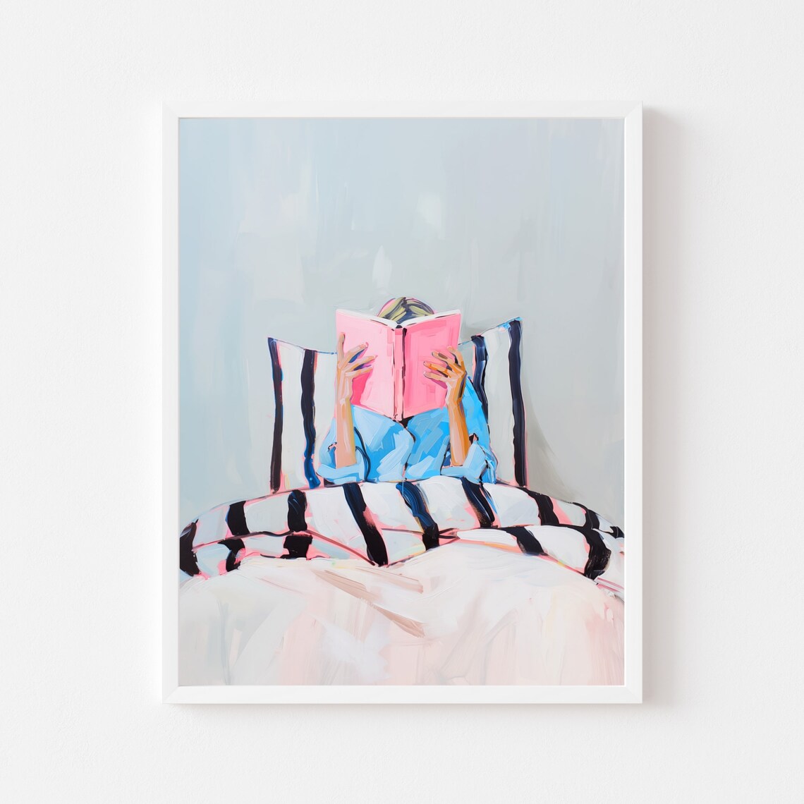 Woman Reading In Bed, Whimsical Retro Poster Print