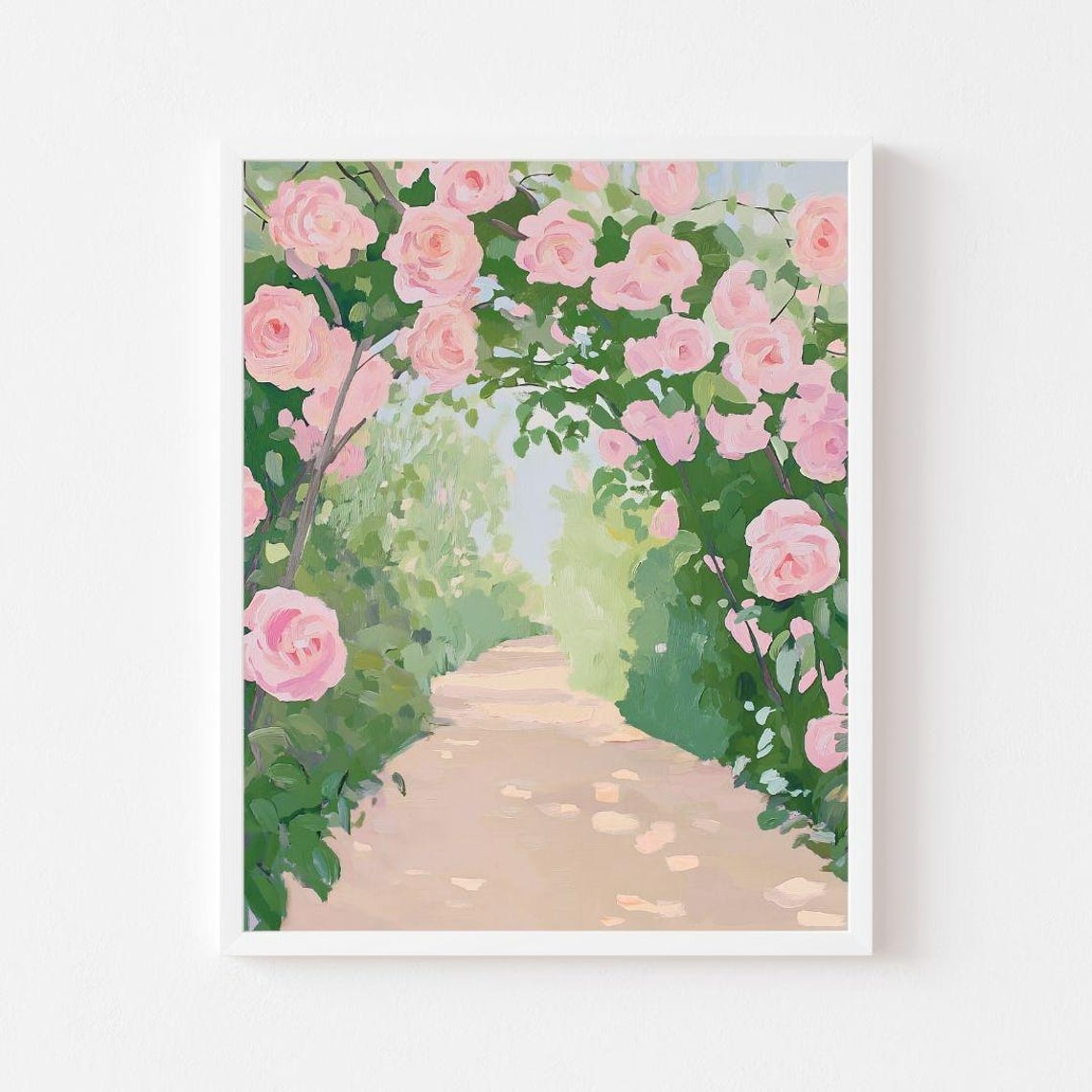 Pink Climbing Rose Path Secret Garden Pastel Landscape Painting Poster