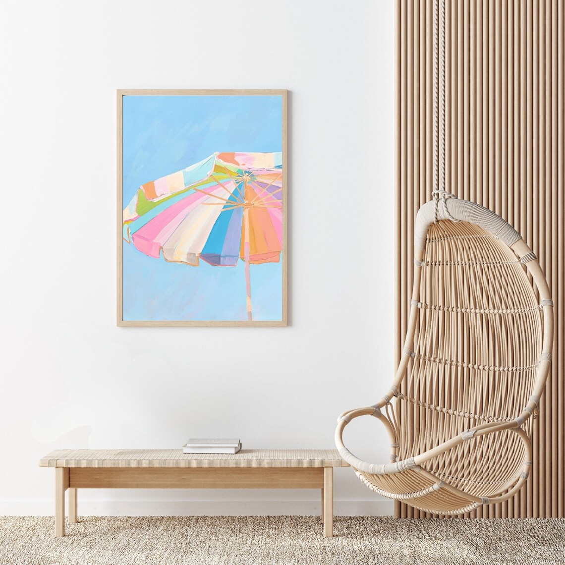 Pastel Rainbow Beach Umbrella Retro Art Print - Image 2