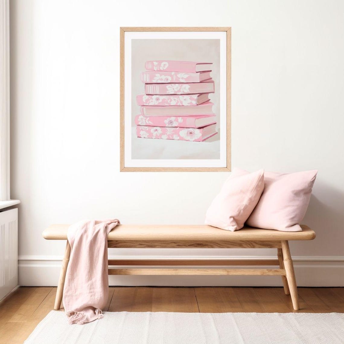 Stack Of Pink Floral Books Pastel Painting Reading Nook Wall Poster - Image 2