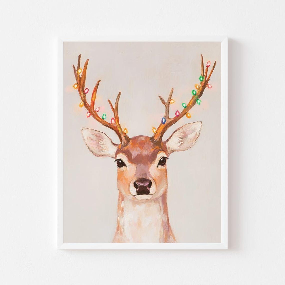 Deer Portrait With Christmas Lights Tangled in Antlers Poster