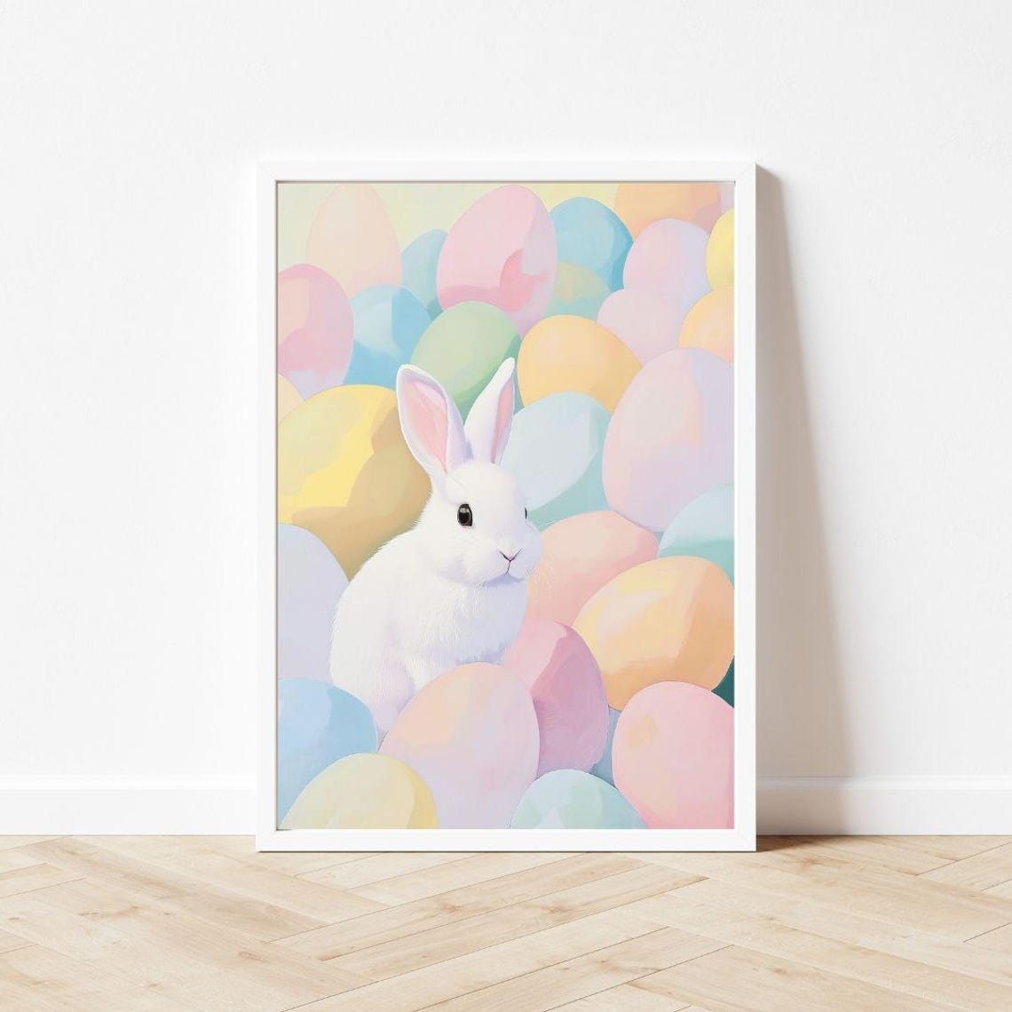 Cute White Bunny Among Pastel Easter Eggs Spring Painting Poster - Image 3