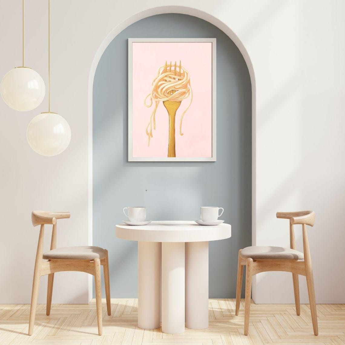 Spaghetti Twirled On A Gold Fork Pink Kitchen Decor Art Poster - Image 2