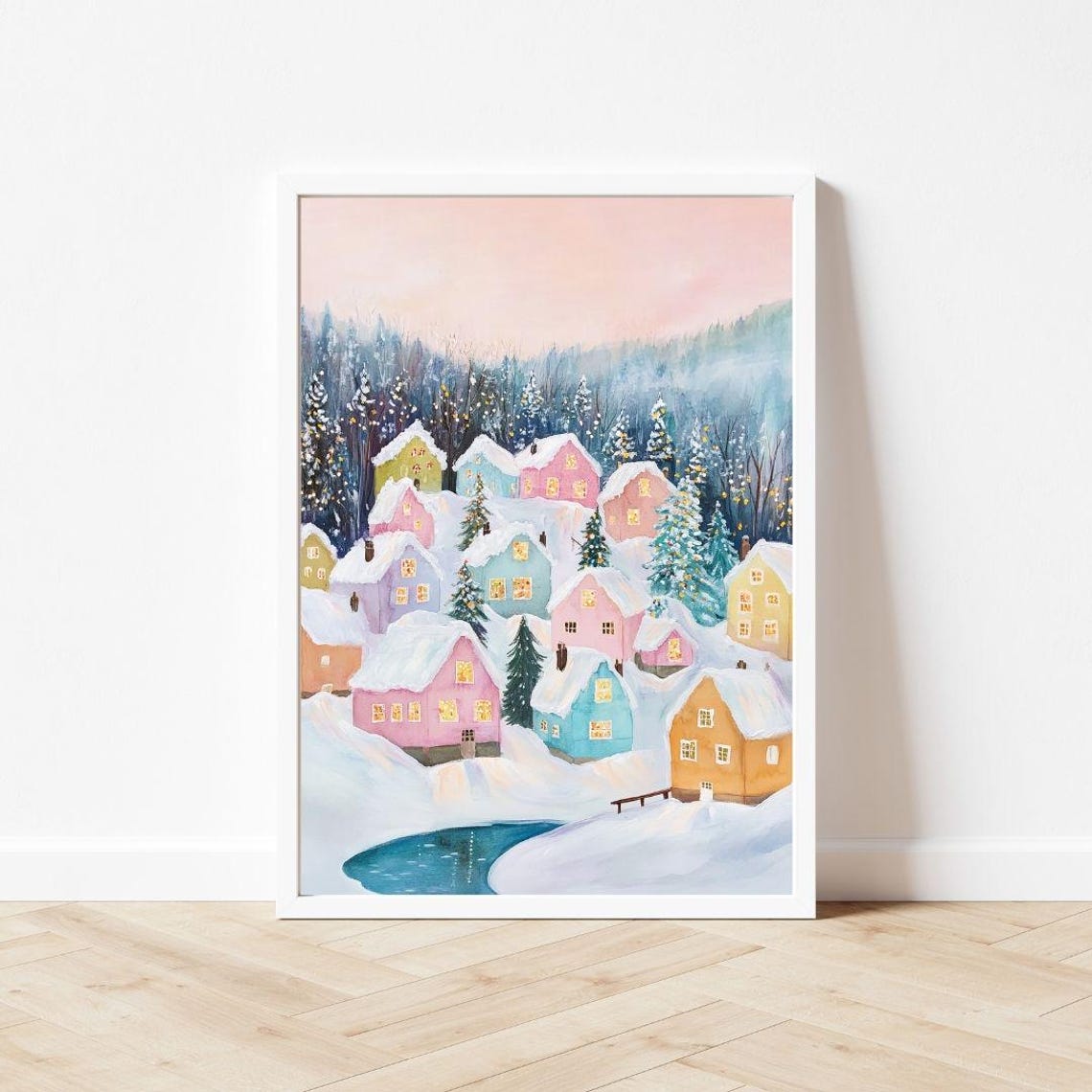 Pastel Snowy Mountain Village With Glowing Warm Windows Poster - Image 3