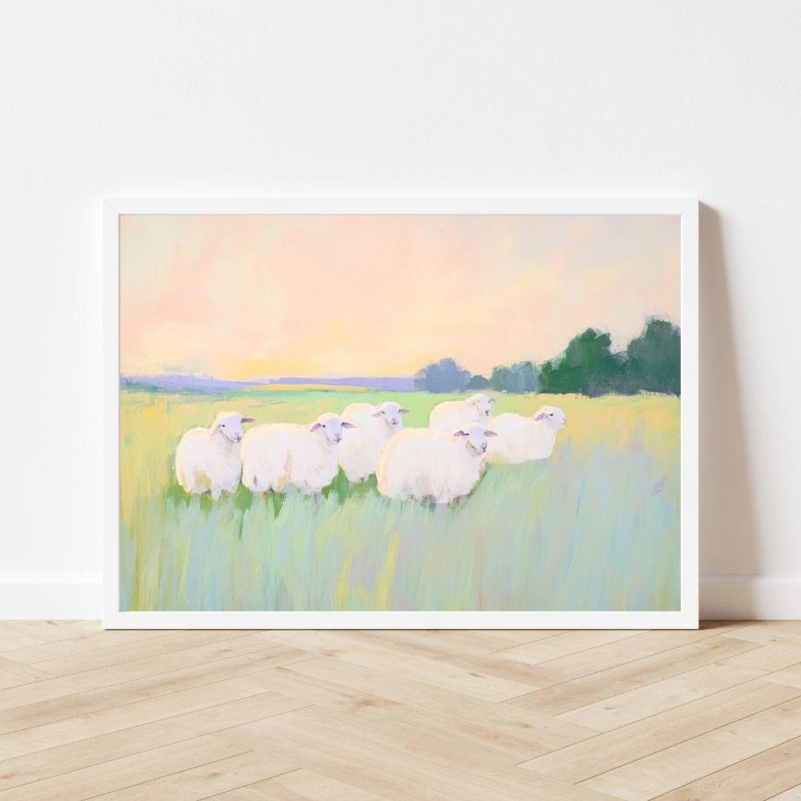 White Sheep Standing in a Green Meadow at Sunset Painting Poster - Image 3