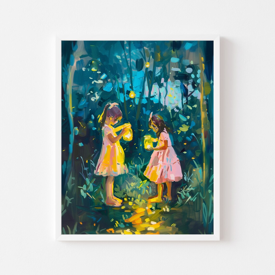 Sisters Catching Fireflies, Whimsical Summer Night Art Print