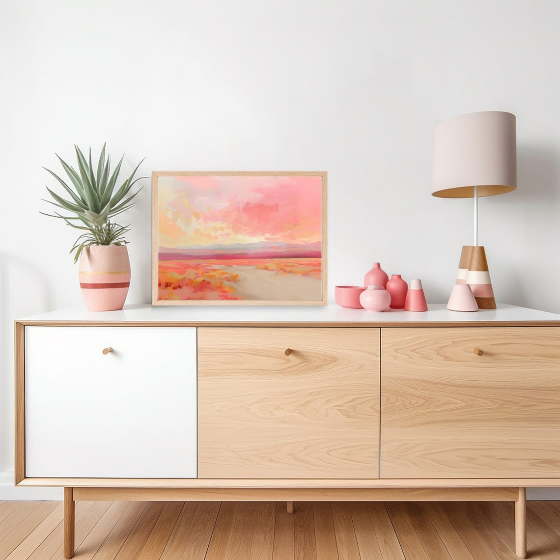Pink Desert Sunset Landscape Painting in Warm Pastel Tones Poster - Image 3