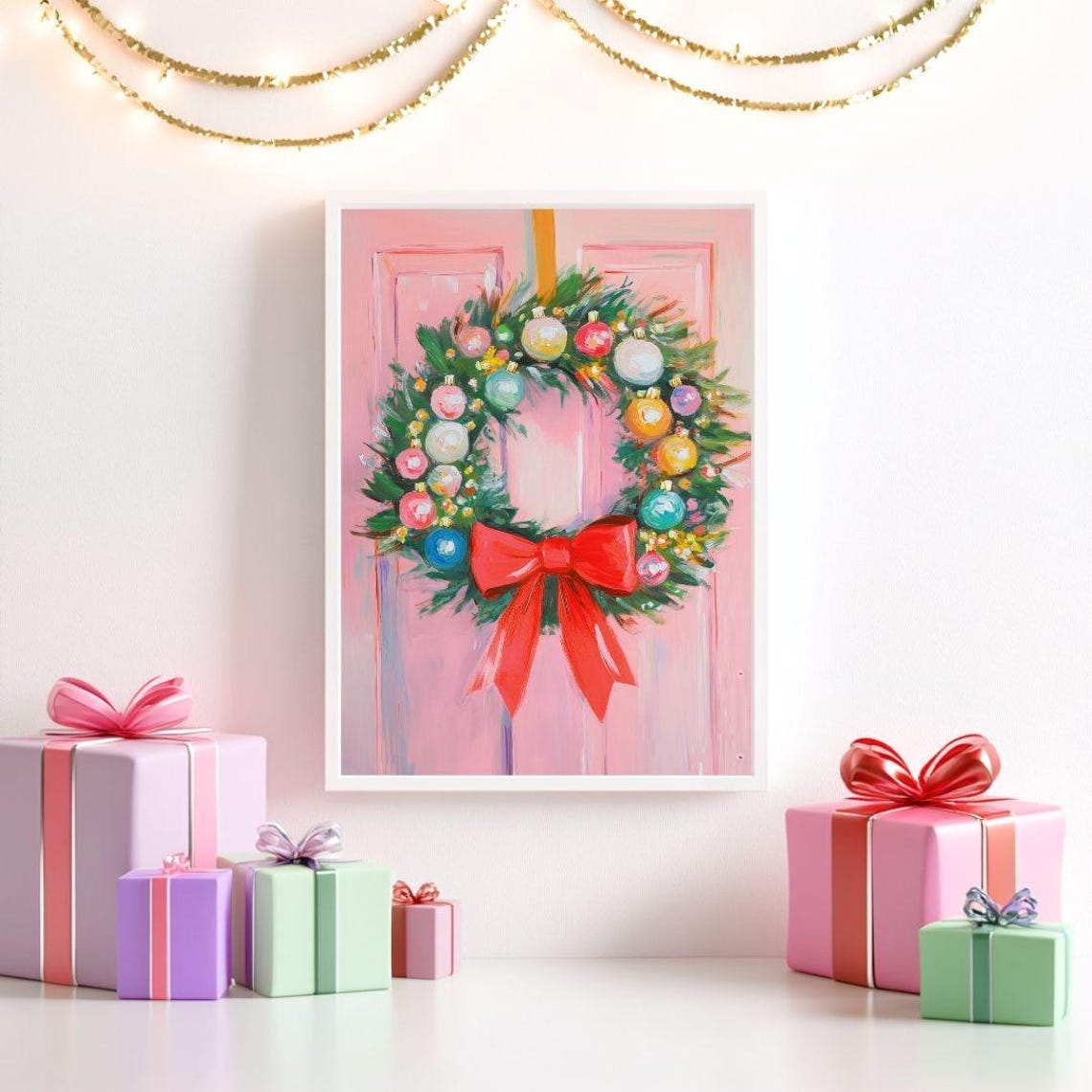Pink Door With Ornament Christmas Wreath Holiday Wall Poster - Image 2