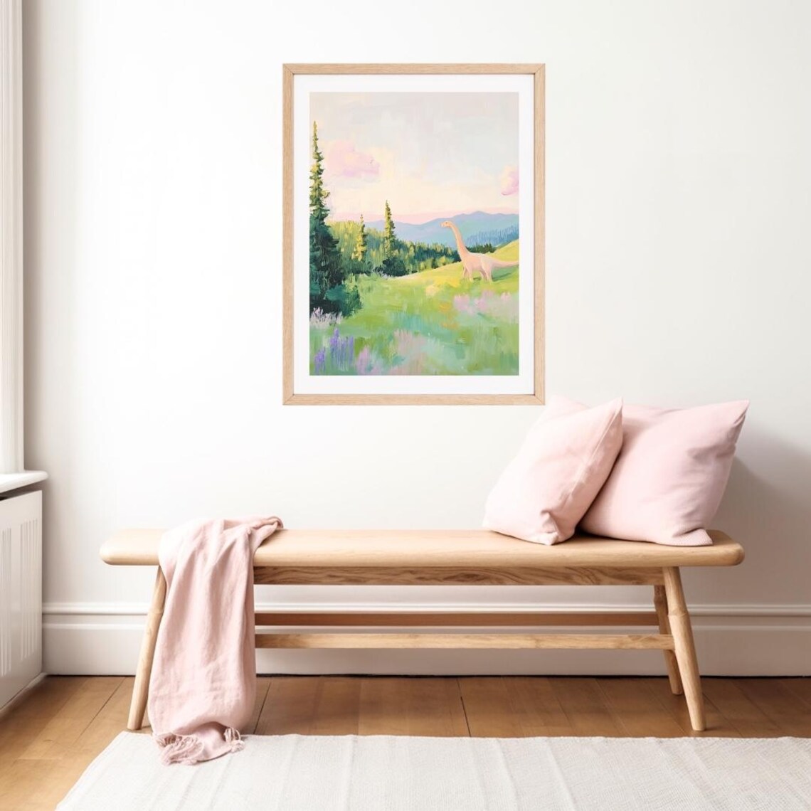 Pink Brontosaurus Pastel Kids Room Wall Art Print - Image 2