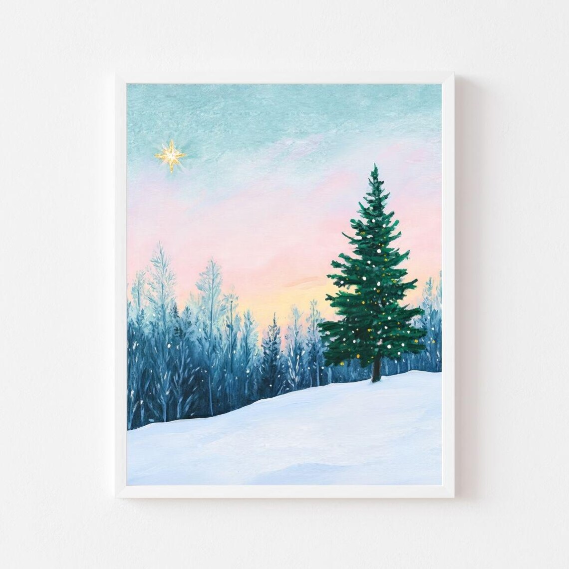 North Star Christmas Tree, Pastel Winter Sunrise Art Print