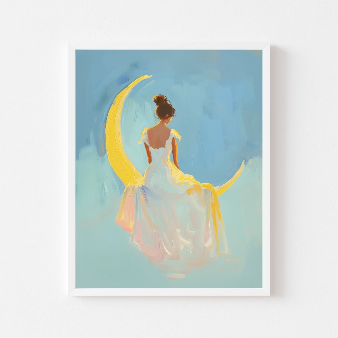 Woman On The Moon Painting Magical Crescent Moon Wall Art Print Whimsical Brunette Girl Celestial Poster - Image 2