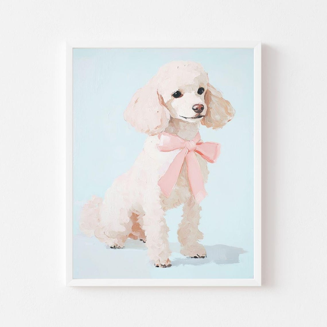 White Poodle Puppy With a Pink Bow on a Pastel Blue Wall Poster