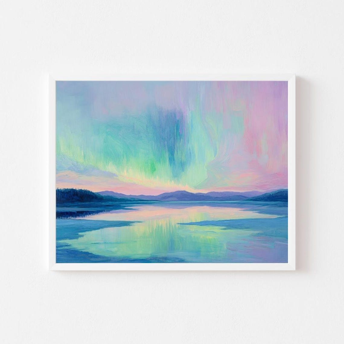 Pastel Northern Lights Over a Still Lake and Mountains Poster