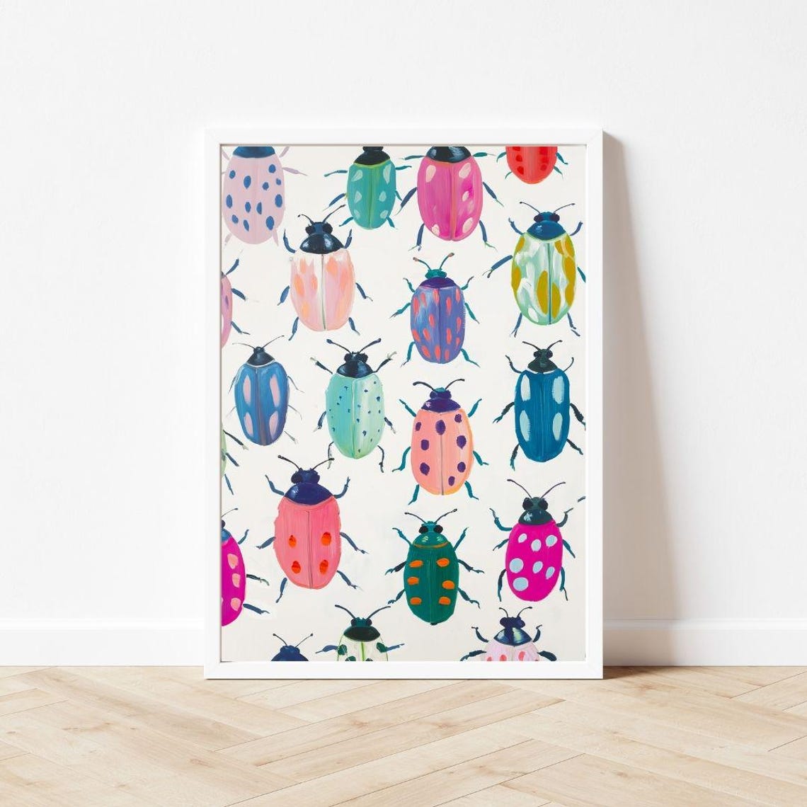 Rainbow Beetle Pattern Whimsical Painted Bug Playroom Poster - Image 3