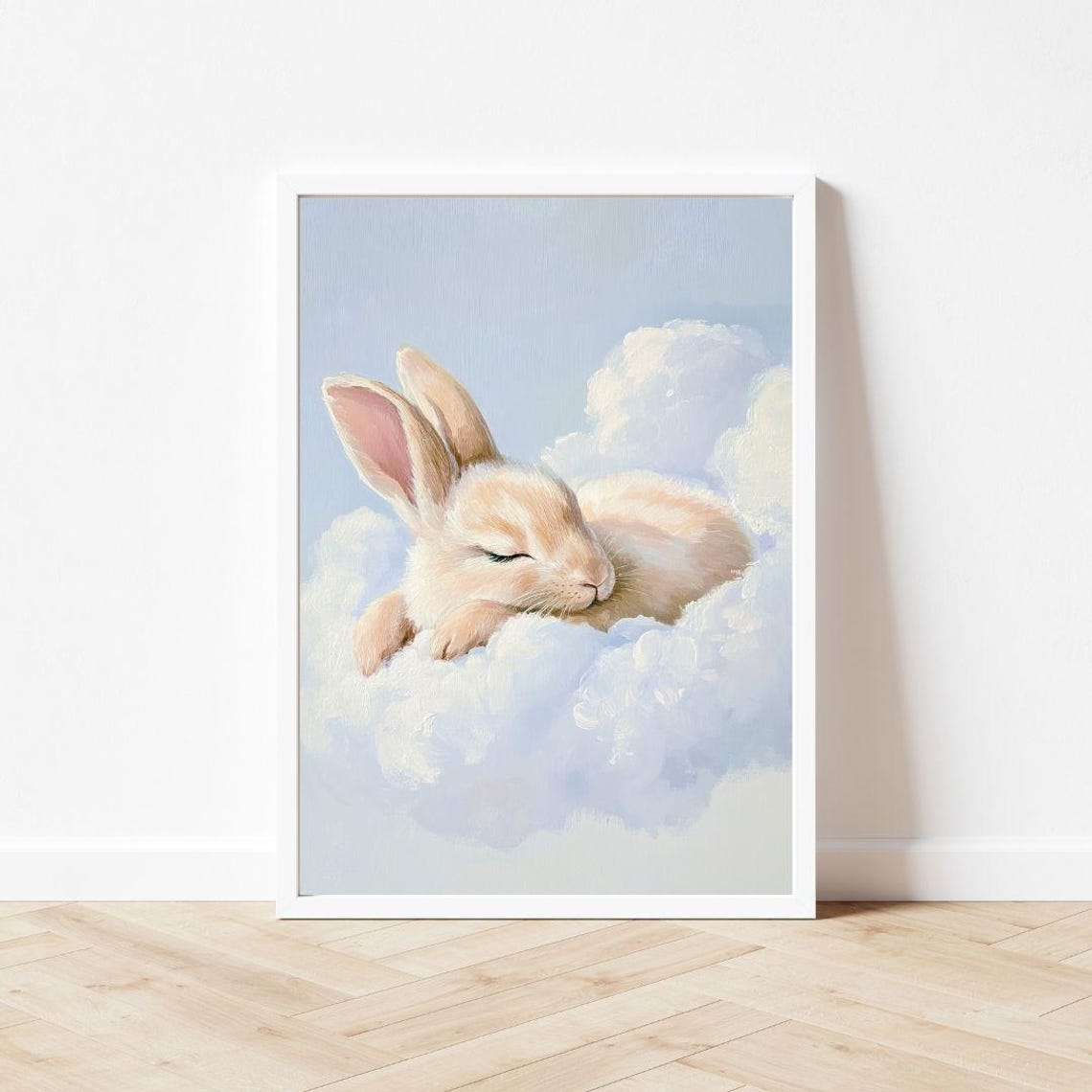 Sleeping Baby Bunny Resting on a Cloud Nursery Painting Poster - Image 3