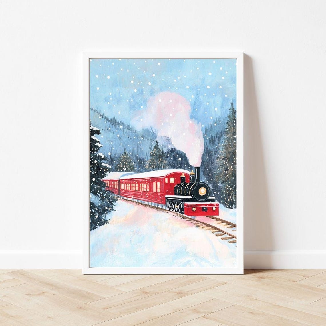 Christmas Red Steam Train Traveling Through Snowy Forest Poster - Image 3